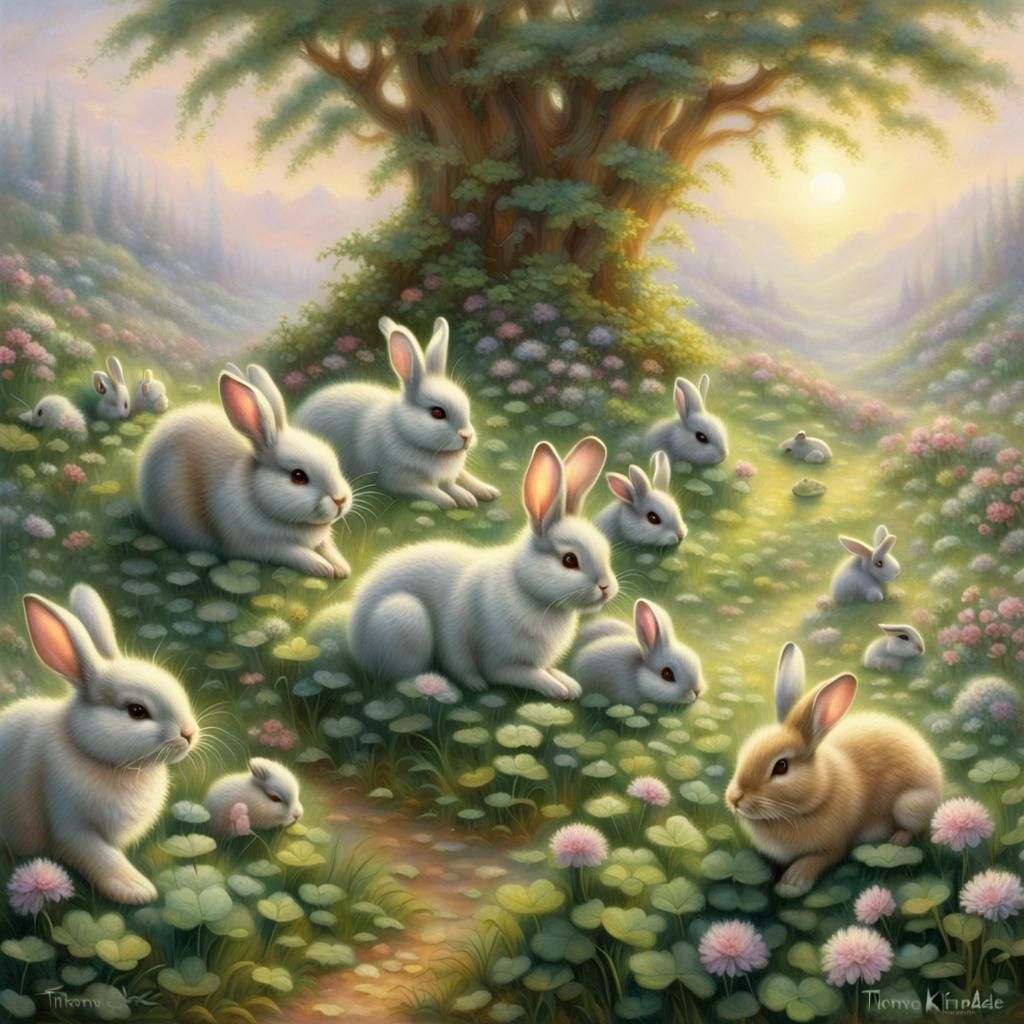 Bunny Family in Clover Patch: Ethereal Fantasy Art