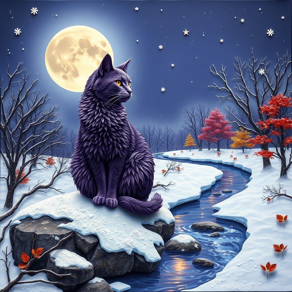 Majestic Purple Cat in Winter Wonderland Quilling Collage
