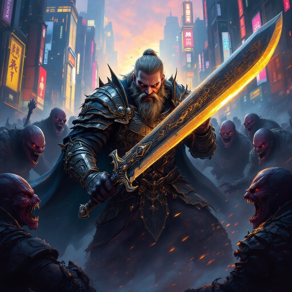 Warrior Readying for Battle in Cyberpunk Cityscape