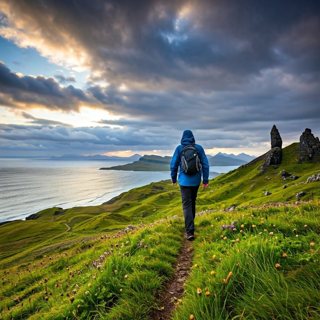 Lone Hiker on Isle of Skye's Rugged Coastline
