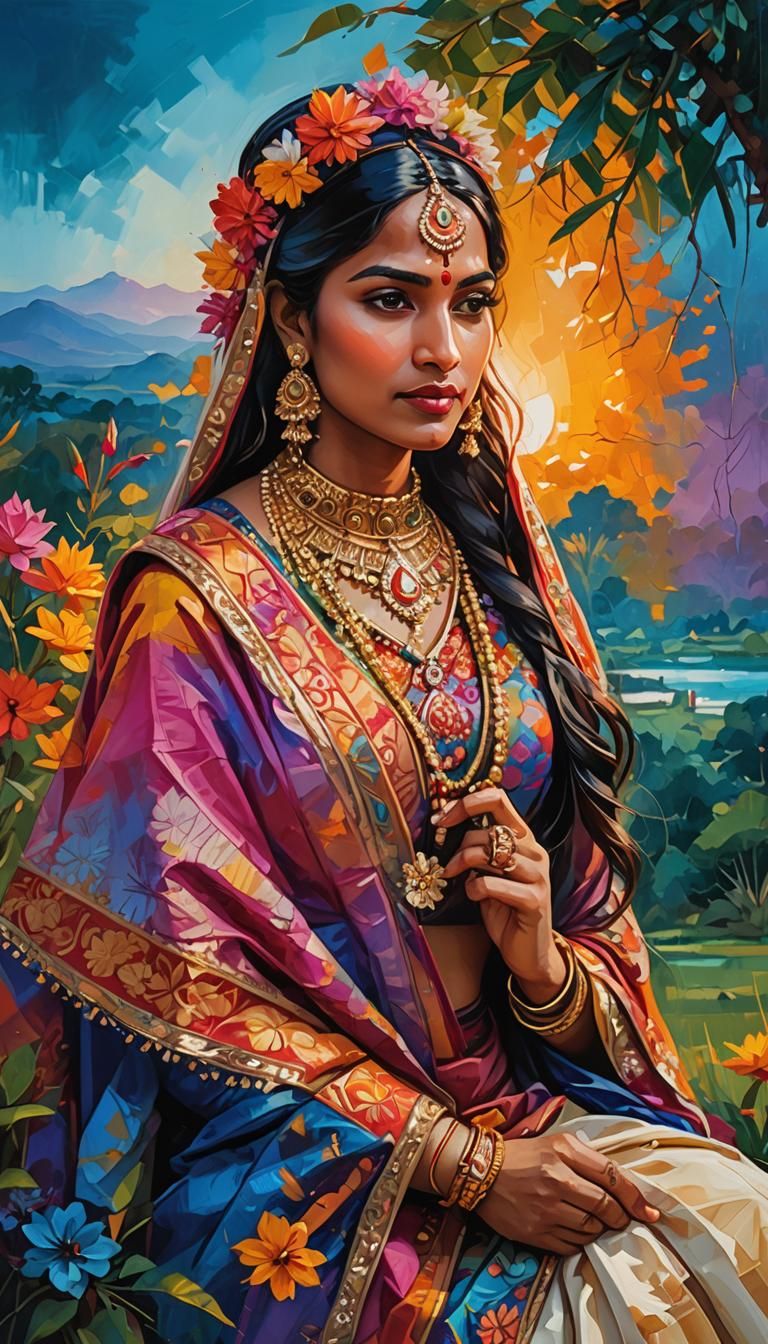 Vibrant Indian Princess Portrait in Acrylic and Oil