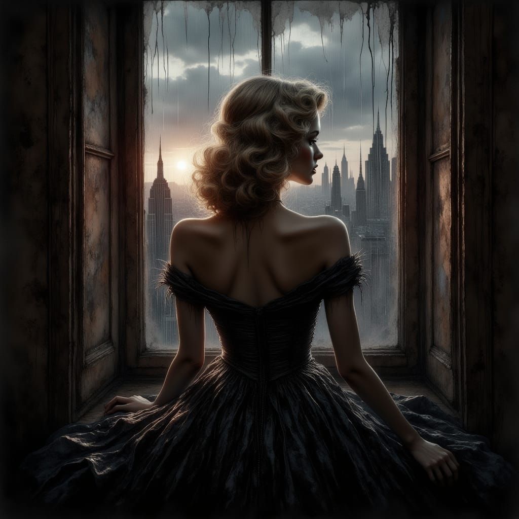 Glamorous Woman in 1940s Gown Overlooking City