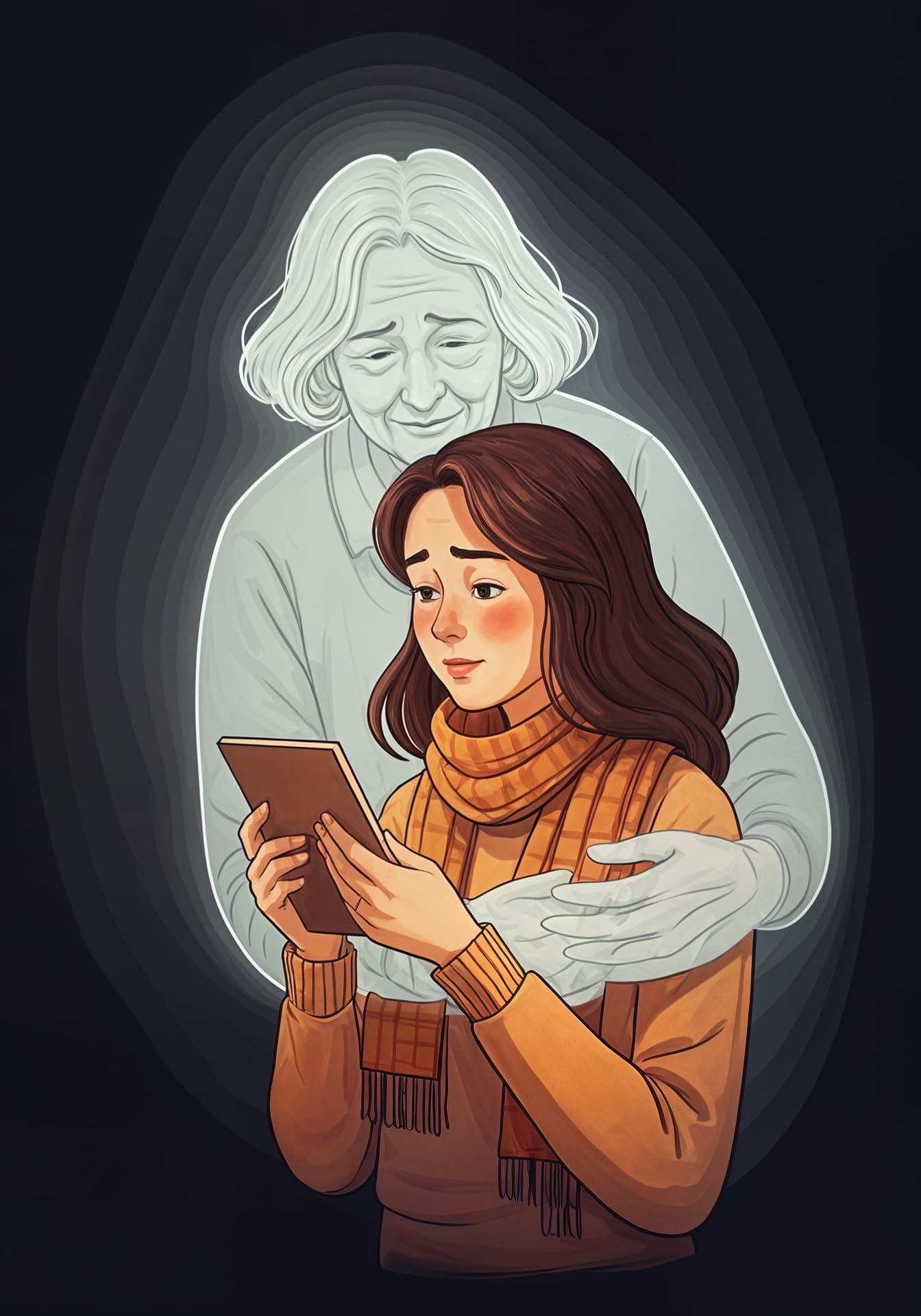 Woman Embraced by Ghost Looking at Photograph