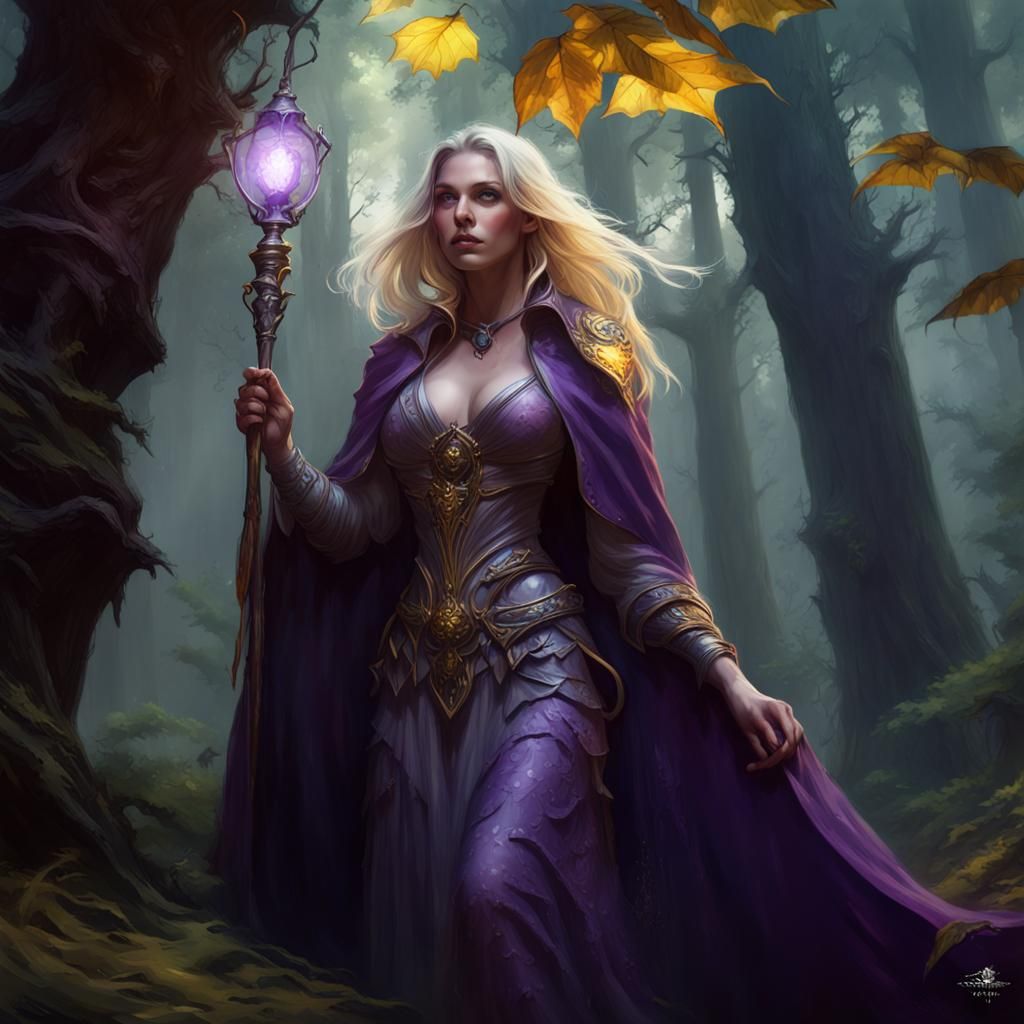 Fantasy Sorceress in Forest, Art Nouveau Style