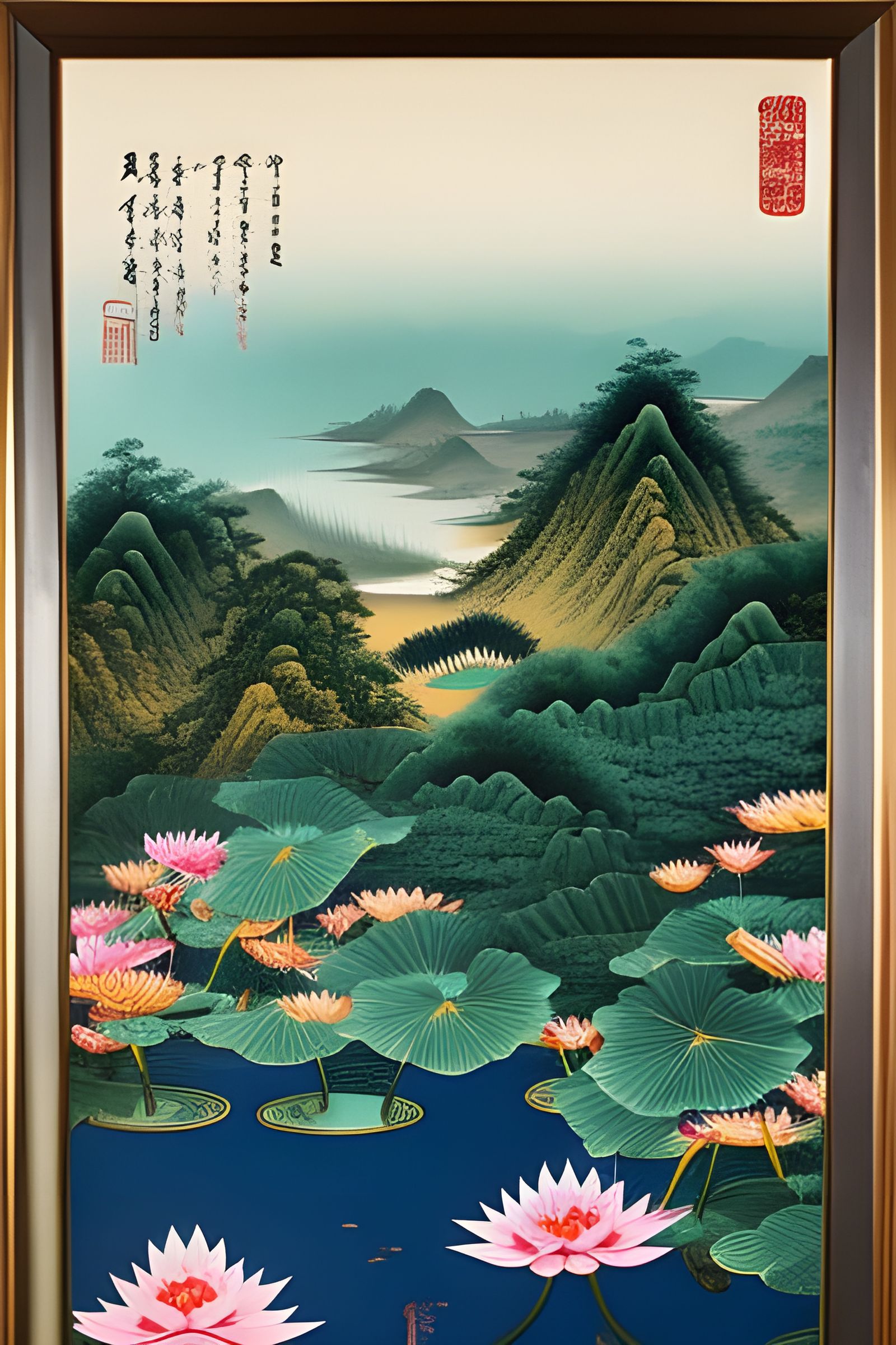Chinese Lotus Pond Landscape in Ukiyo-e Style