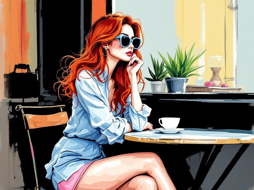 Surreal Café Scene in Vibrant Ink and Color