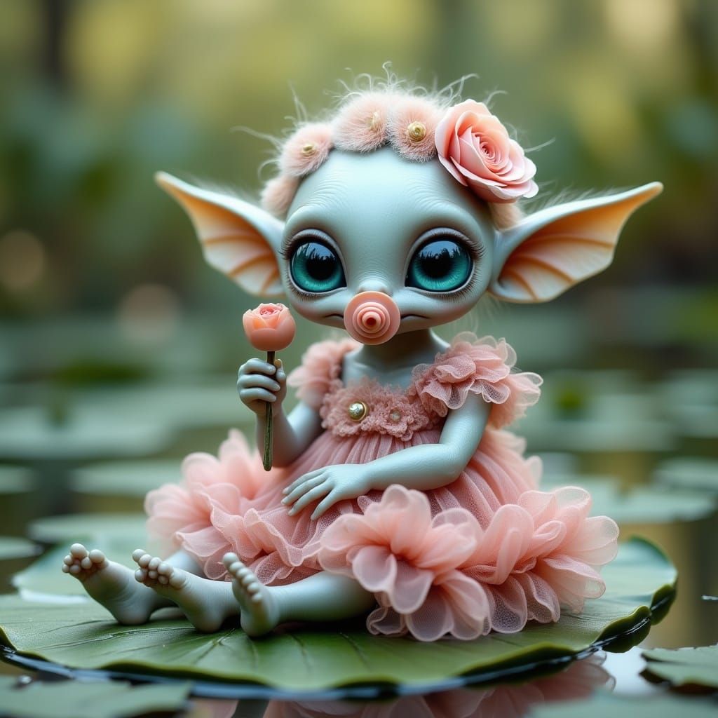Cute Vintage Zeta Reticulan Baby Sits on a Lily Pad