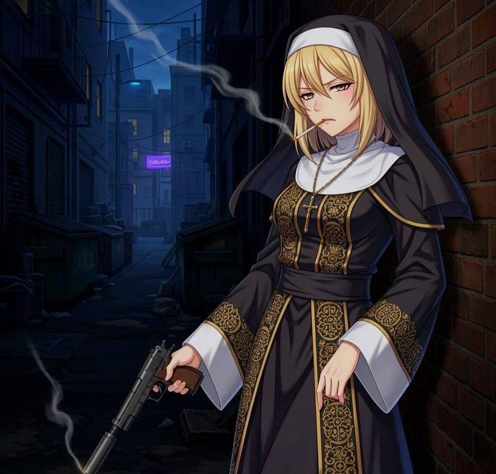 Anime Nun with Pistol in Dark Alley