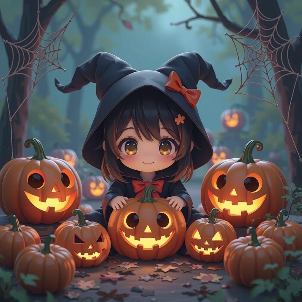 Cute Halloween Character with Heart Pumpkins in 3D Anime Sty...