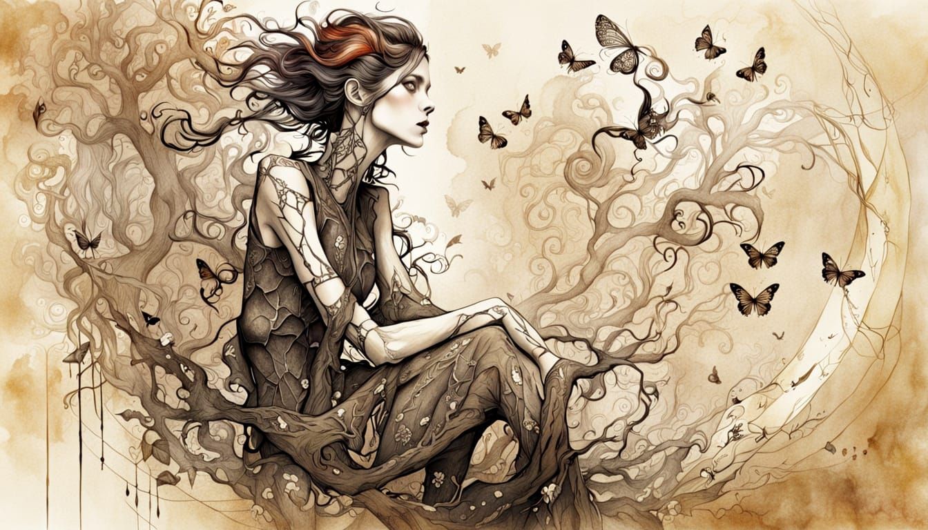 Tree-Faery Hybrid in Sepia and Gold Style