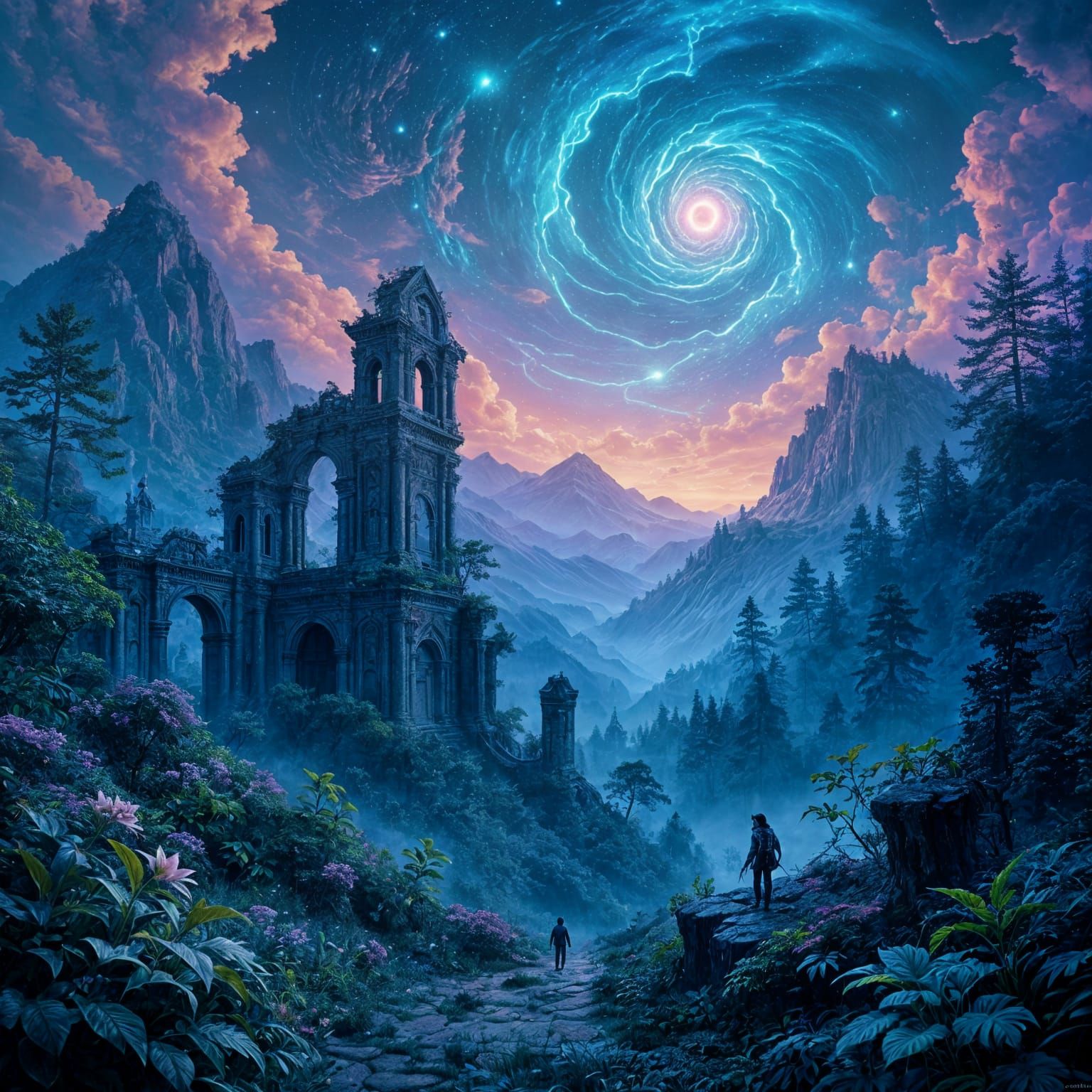 Psychedelic Codex Landscape with Cryptid Eyes and Fractals