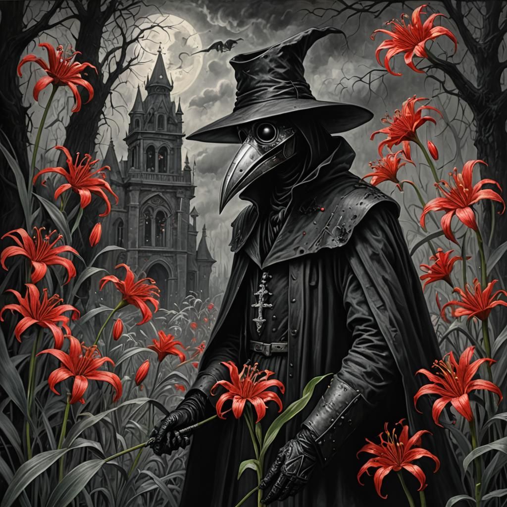 Sinister Plague Doctor with Red Spider Lilies