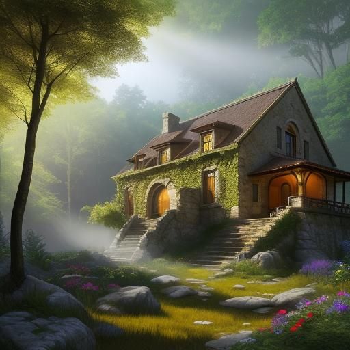 Stone House in Sunlit Forest Clearing