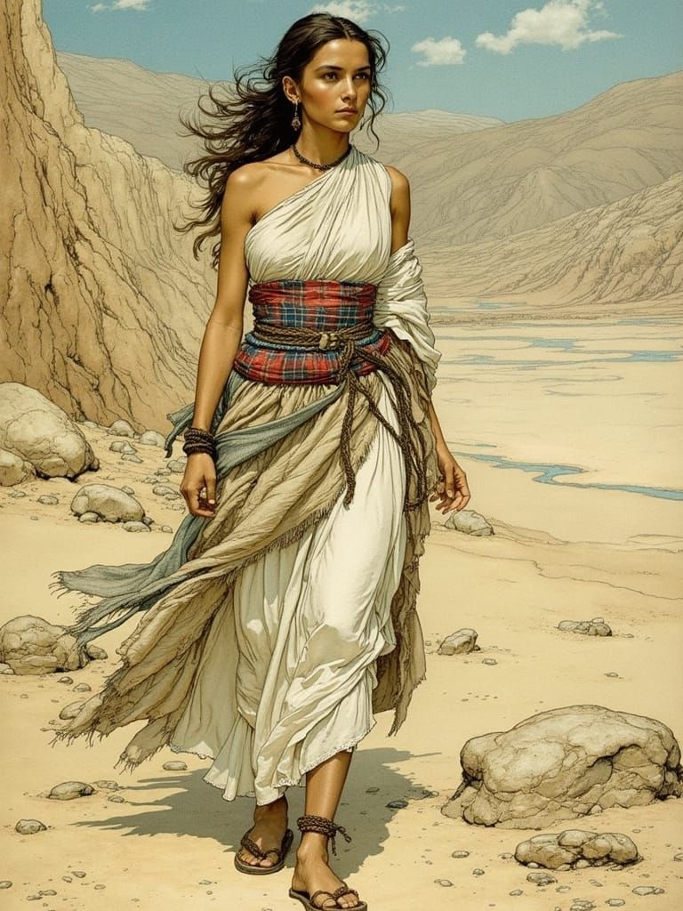 Defiant Woman in Desert, Arthur Rackham Style