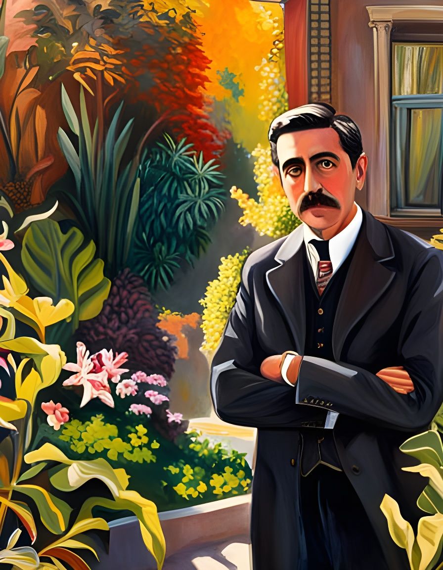 Hyperrealistic Portrait of Marcel Proust in Garden