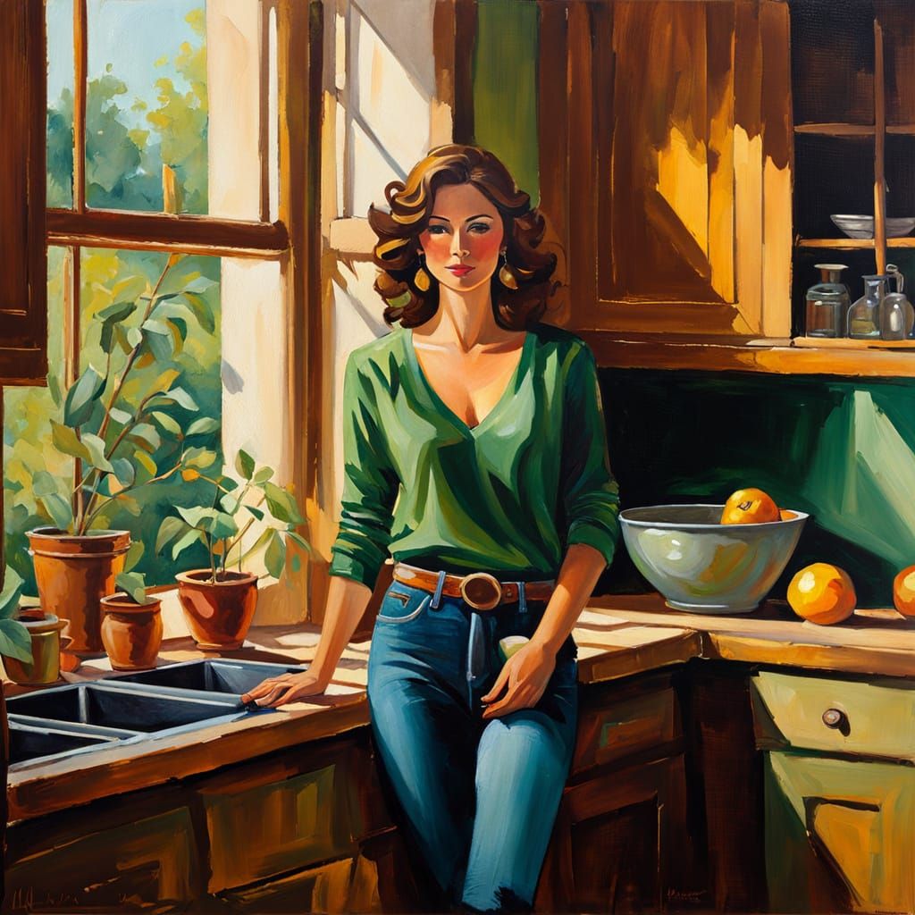 Impressionist Oil Painting of Aunt Cass in Cozy Kitchen