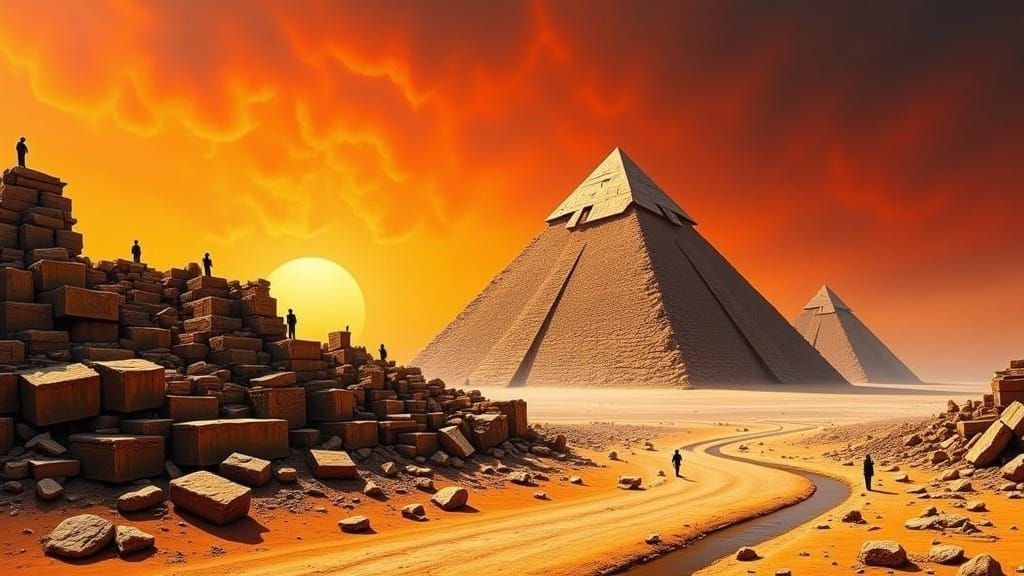 Egyptian Pyramid Construction at Sunset, Orientalist Paintin...