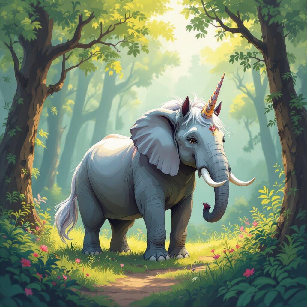 Unicorn Elephant Hybrid Roaming in Enchanted Forest