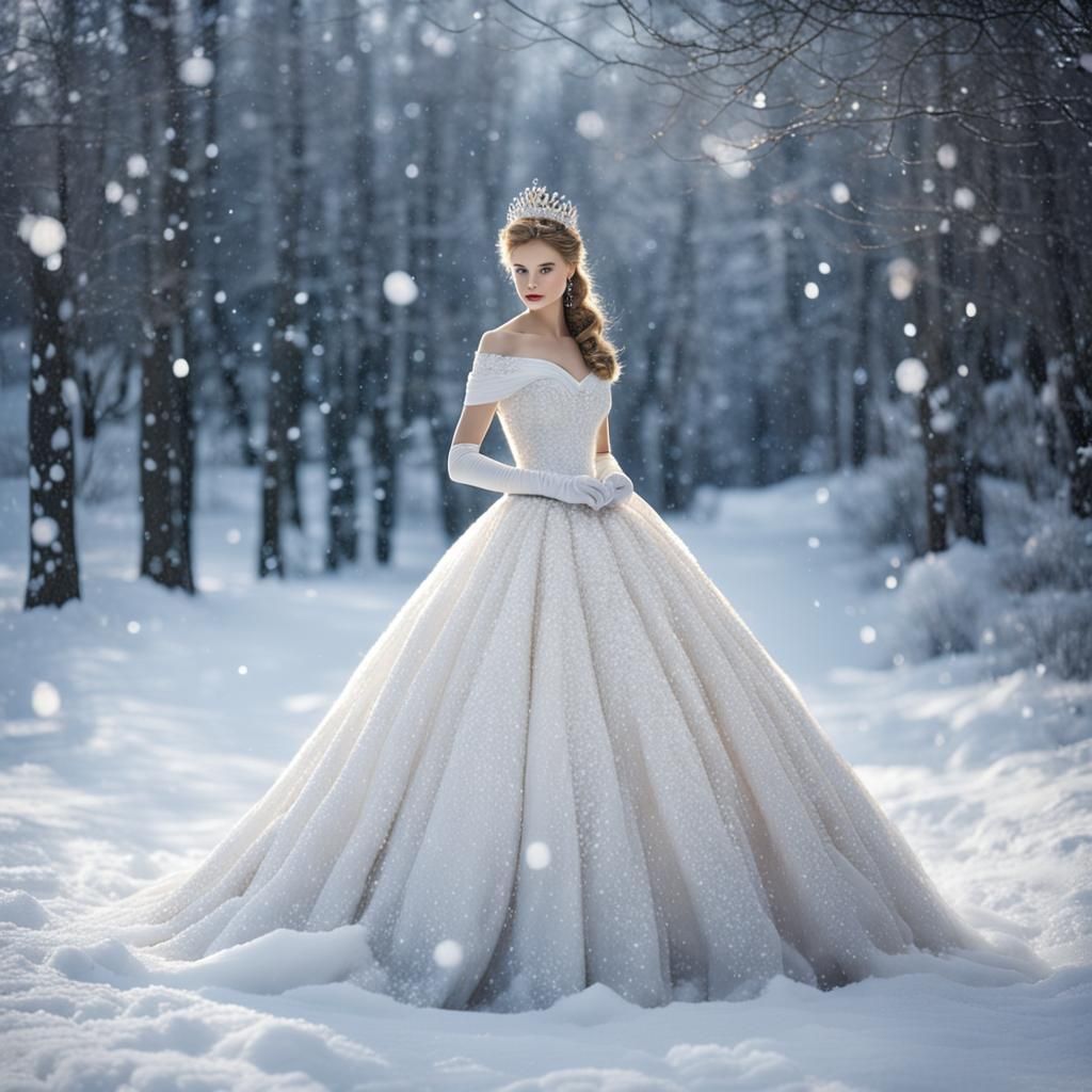 Princess in Snow Wearing Glittering White Gown