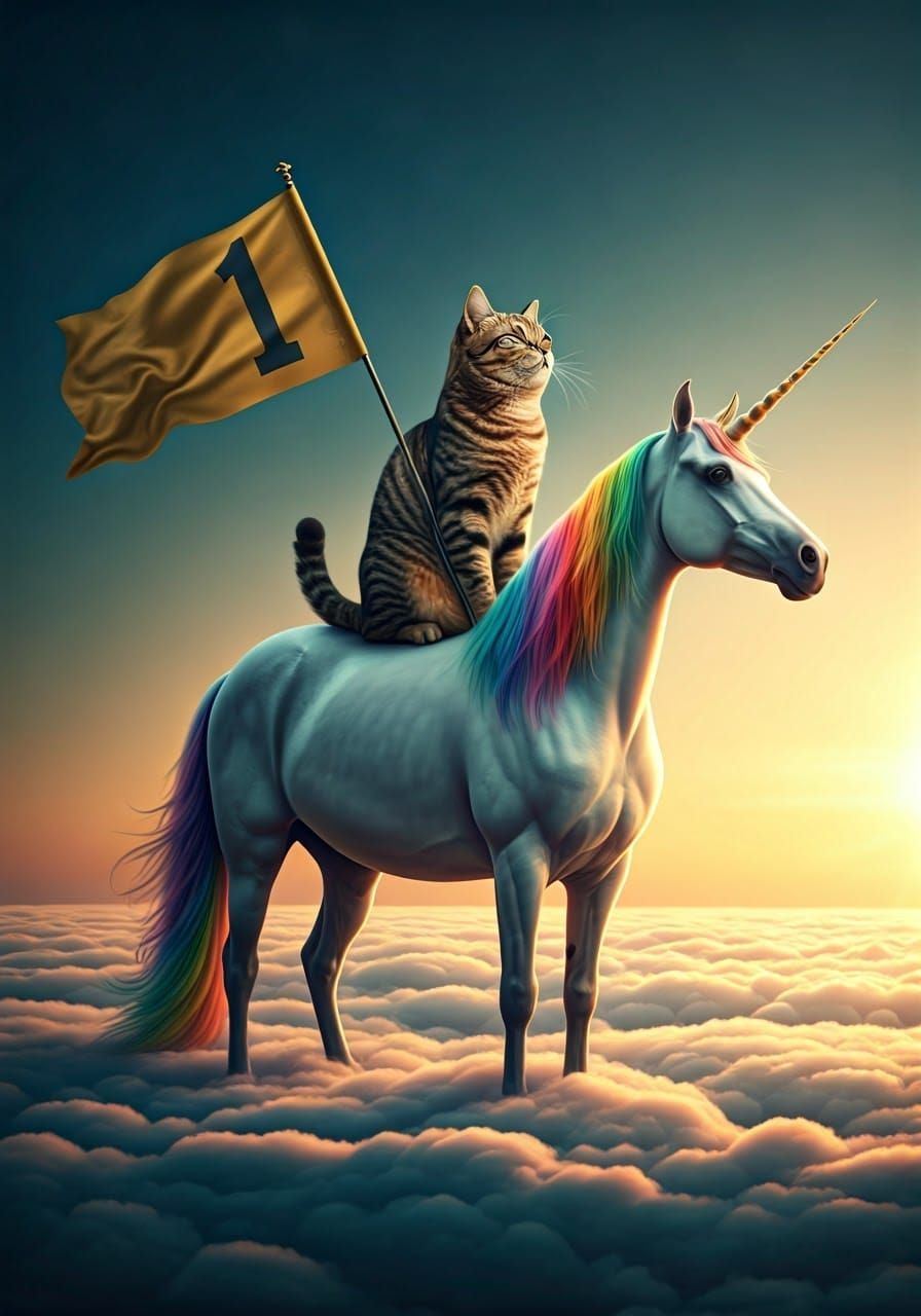 Majestic Cat Rides Unicorn to Victory