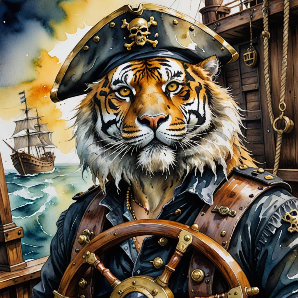 Tiger Pirate Captain at Helm in Watercolor Style