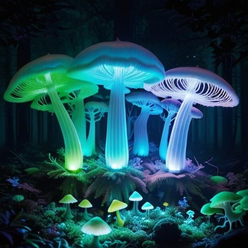 Bioluminescent Fungi in Neon Rainforest: Digital Painting
