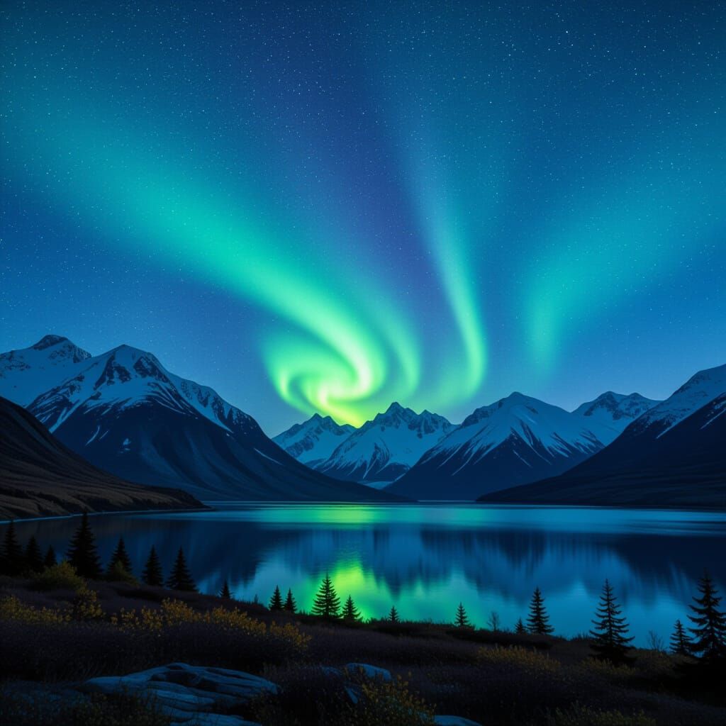Alaskan Mountains Under Aurora Borealis, Astral Illustration