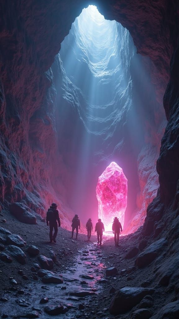 Adventurers & Explorers. Zoomed out view. A team of explorers uncovers a hidden chamber within a vast underground cave s...