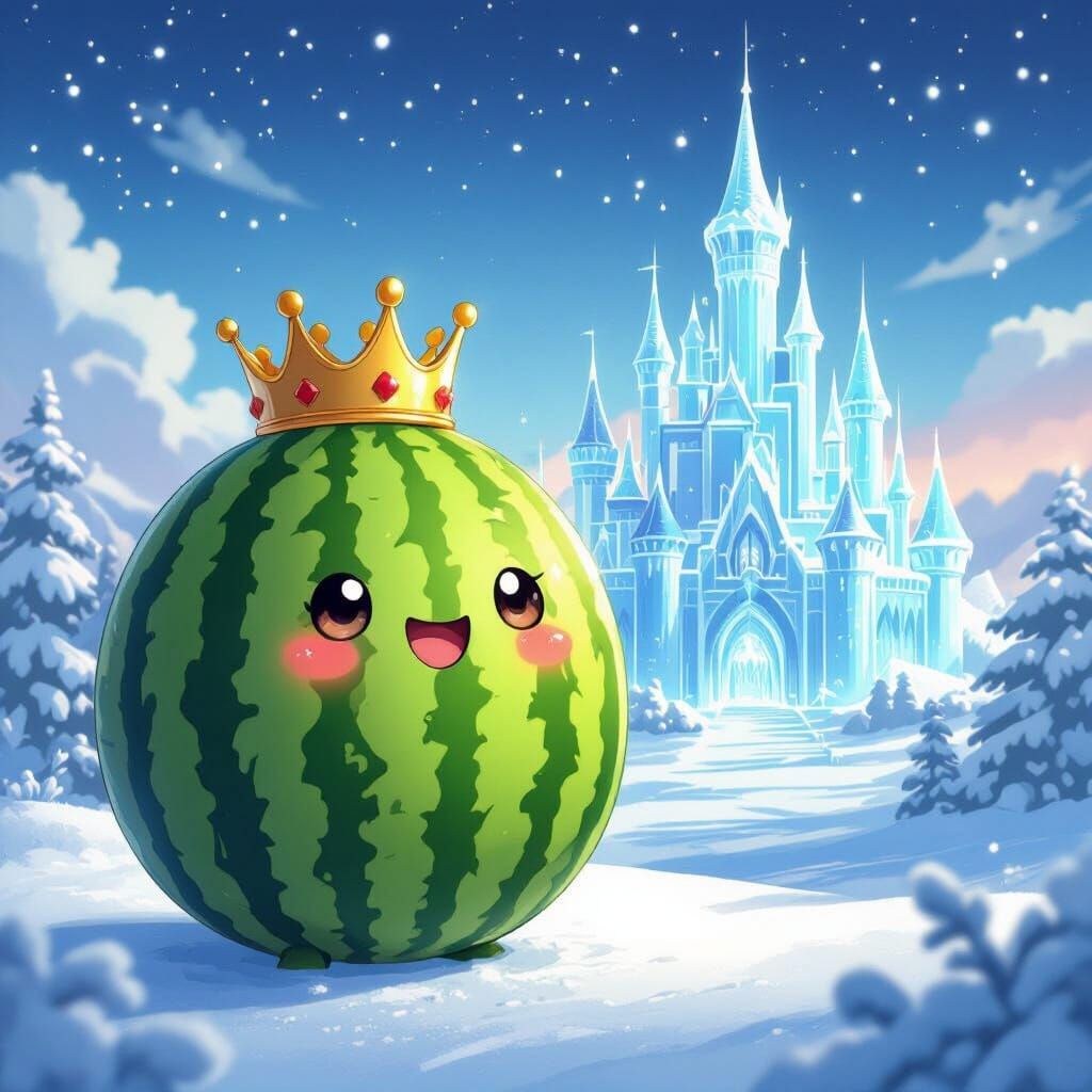Anime Watermelon in Crowned Castle in Snow
