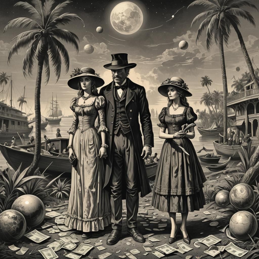 Retro Cartoon Scene with Money and Planets