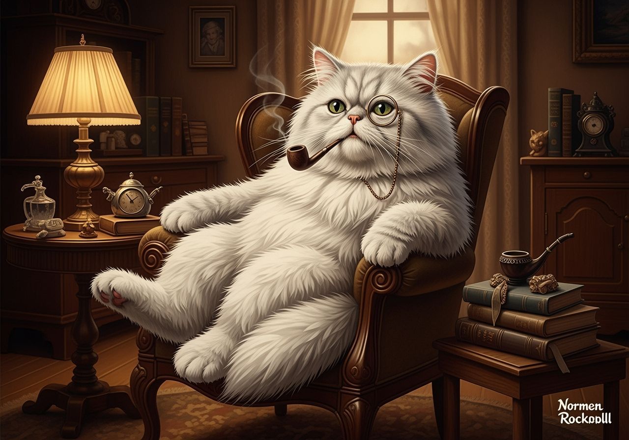 Elderly Cat Lounging in Armchair, Norman Rockwell Style