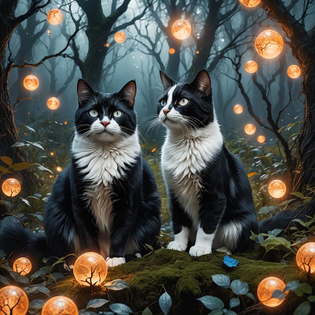 Mystical Cats in Glowing Forest, Digital Art