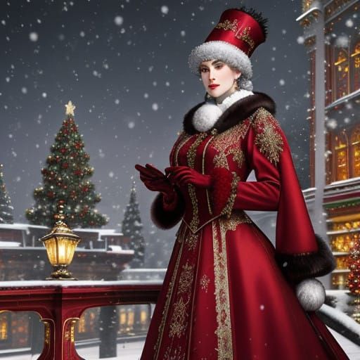 Majestic Victorian Woman in Festive Winter Nightscapes