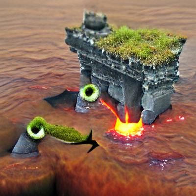 One-Eyed Shark Swimming Through Fiery Temple Ruins