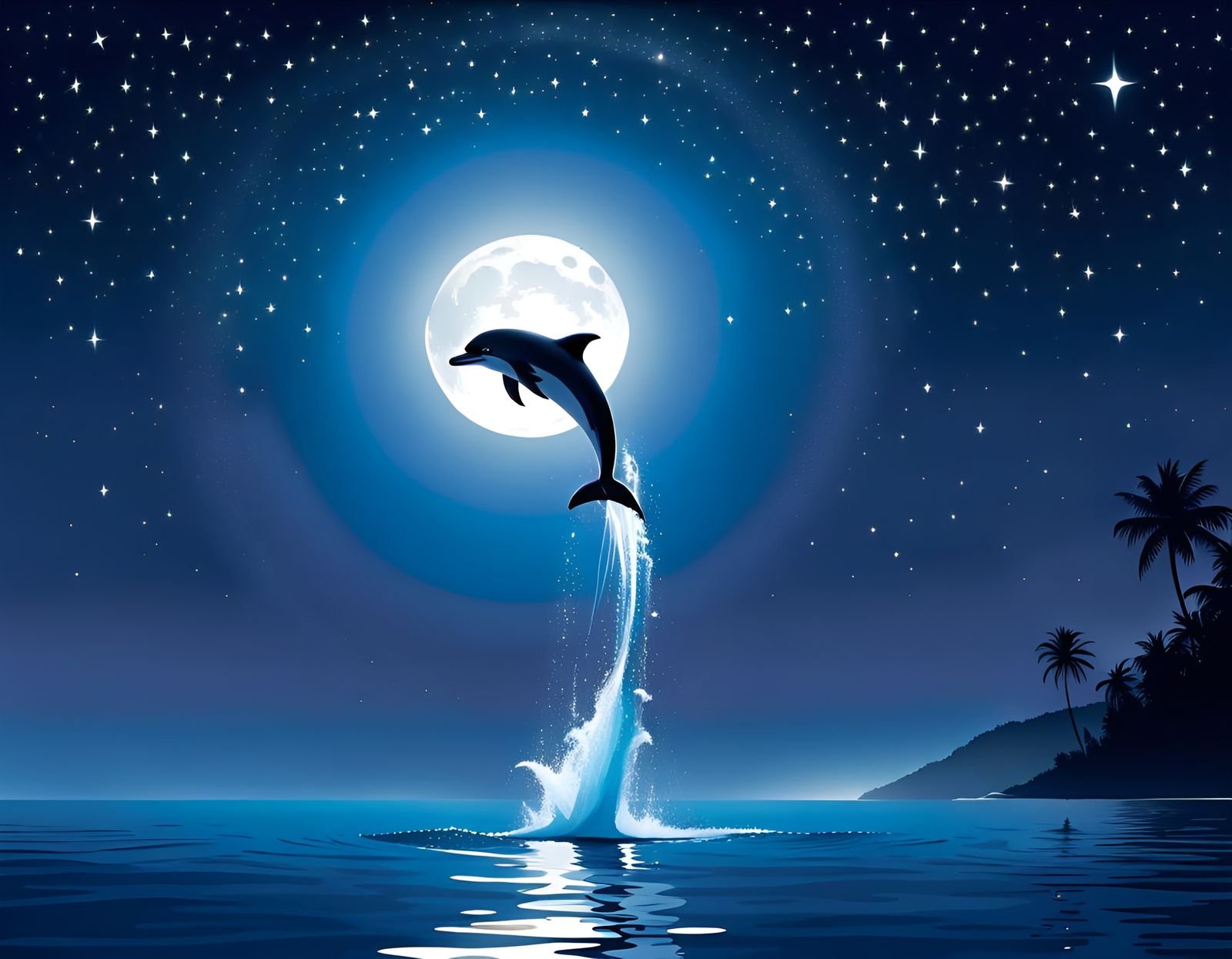 Dolphin Silhouette Leaping to the Moon: Vector Art