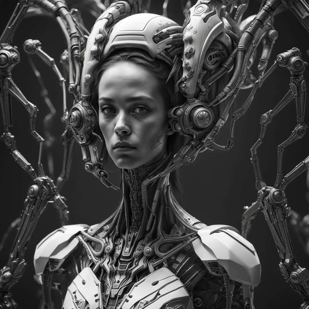 exy alien girl with nano technology, black and white still, digital Art, perfect composition, beautiful detailed intrica...