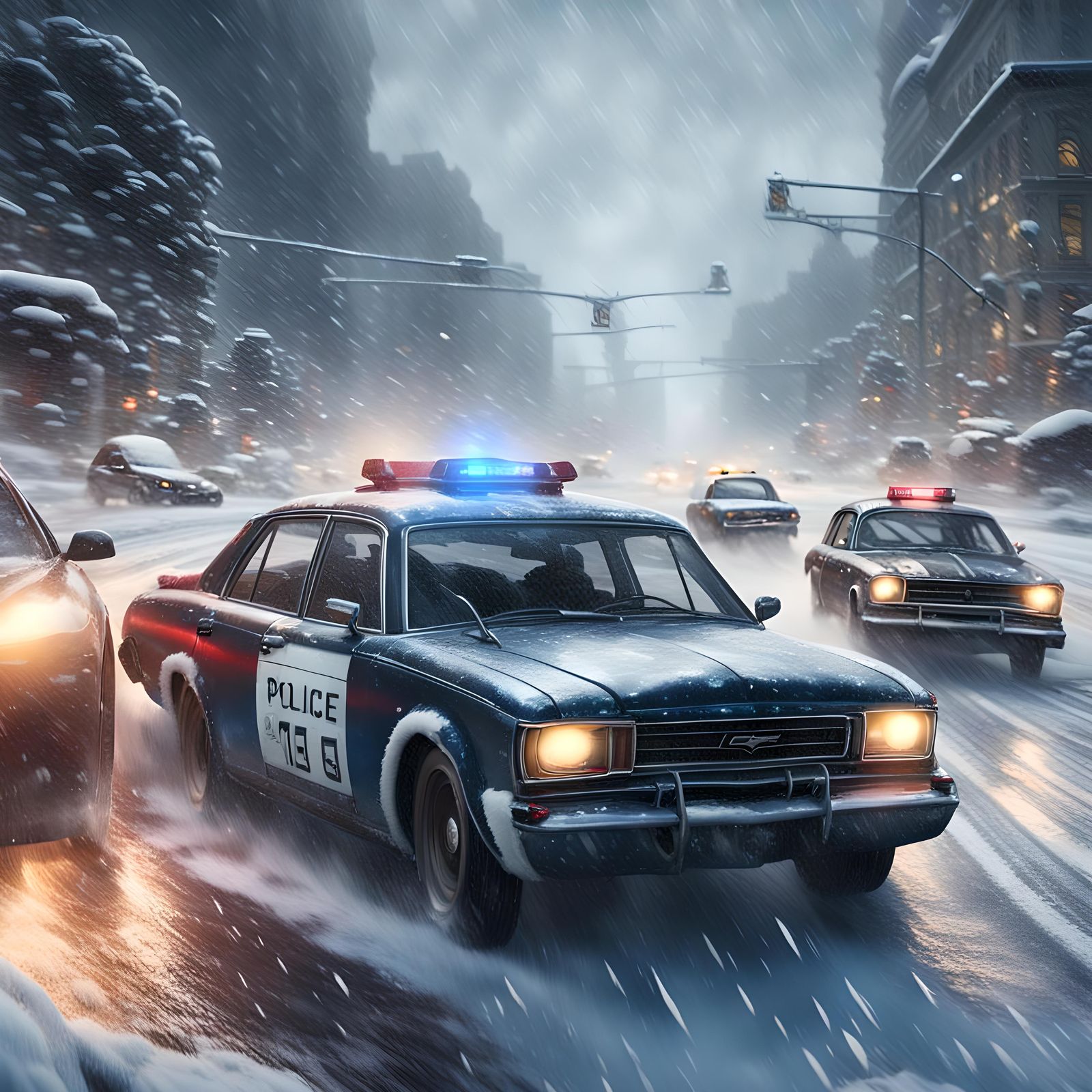 Police Chase in Snowstorm: Matte Painting