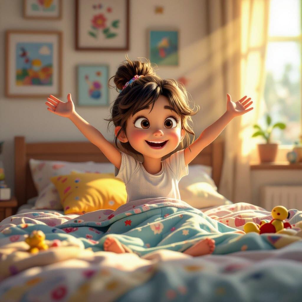 Happy Girl in Cozy Sunlit Bedroom: 3D Digital Art