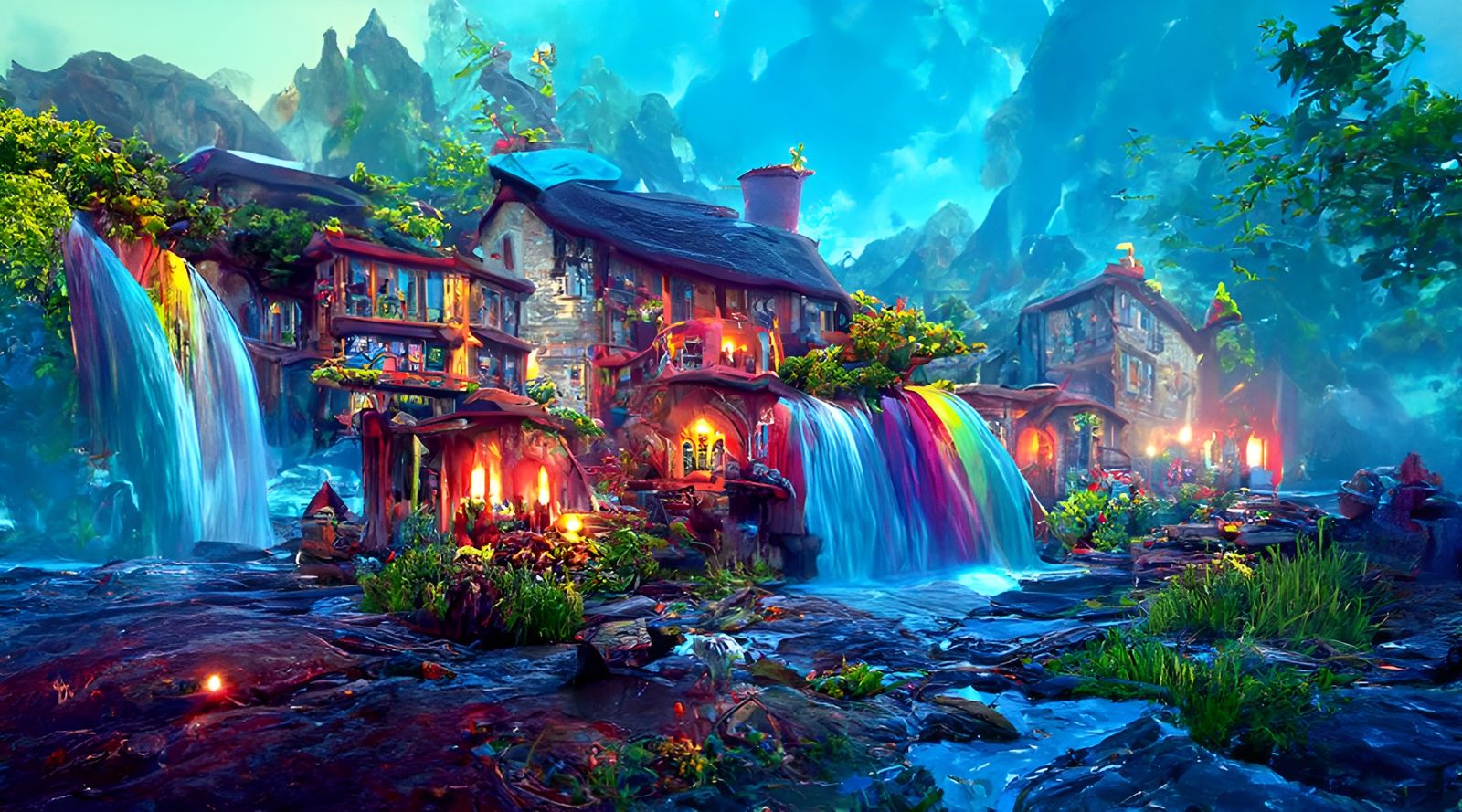 Fantasy Inn by Waterfall: Photorealistic Vista