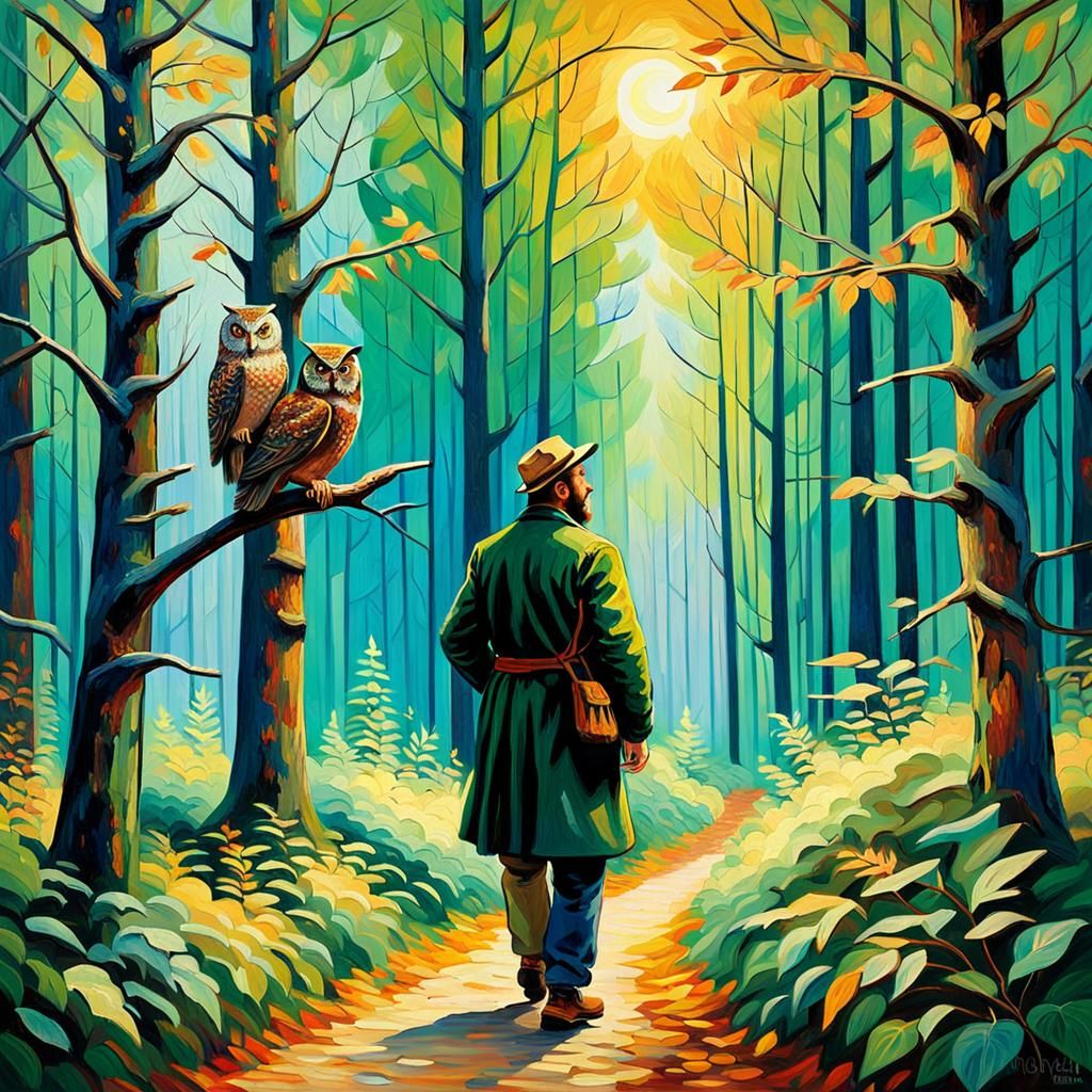 Forester and Owl in Vibrant Impressionist Forest