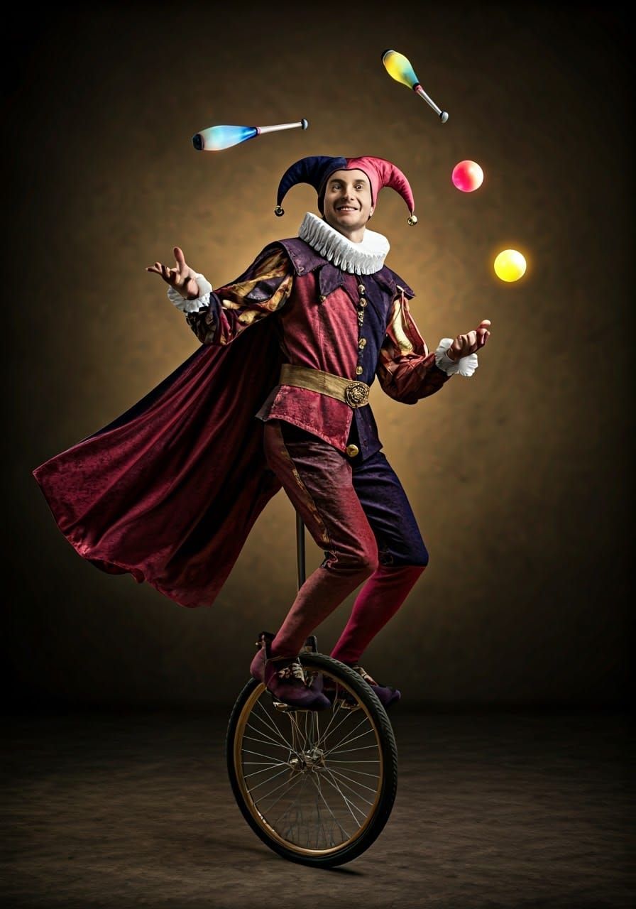 Jester Master of Whimsy Balances on Golden Unicycle