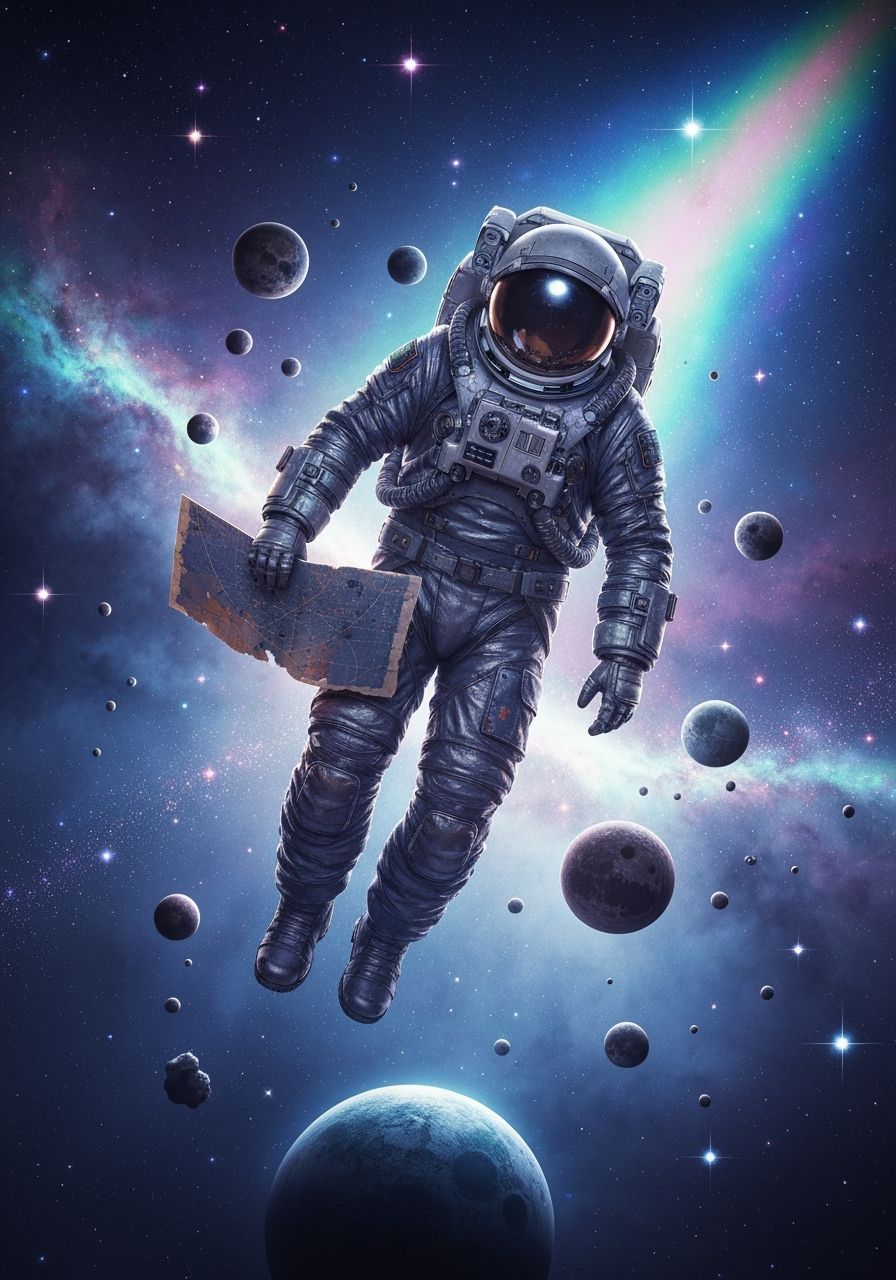 Astronaut Drifts Through Nebula With Star Map