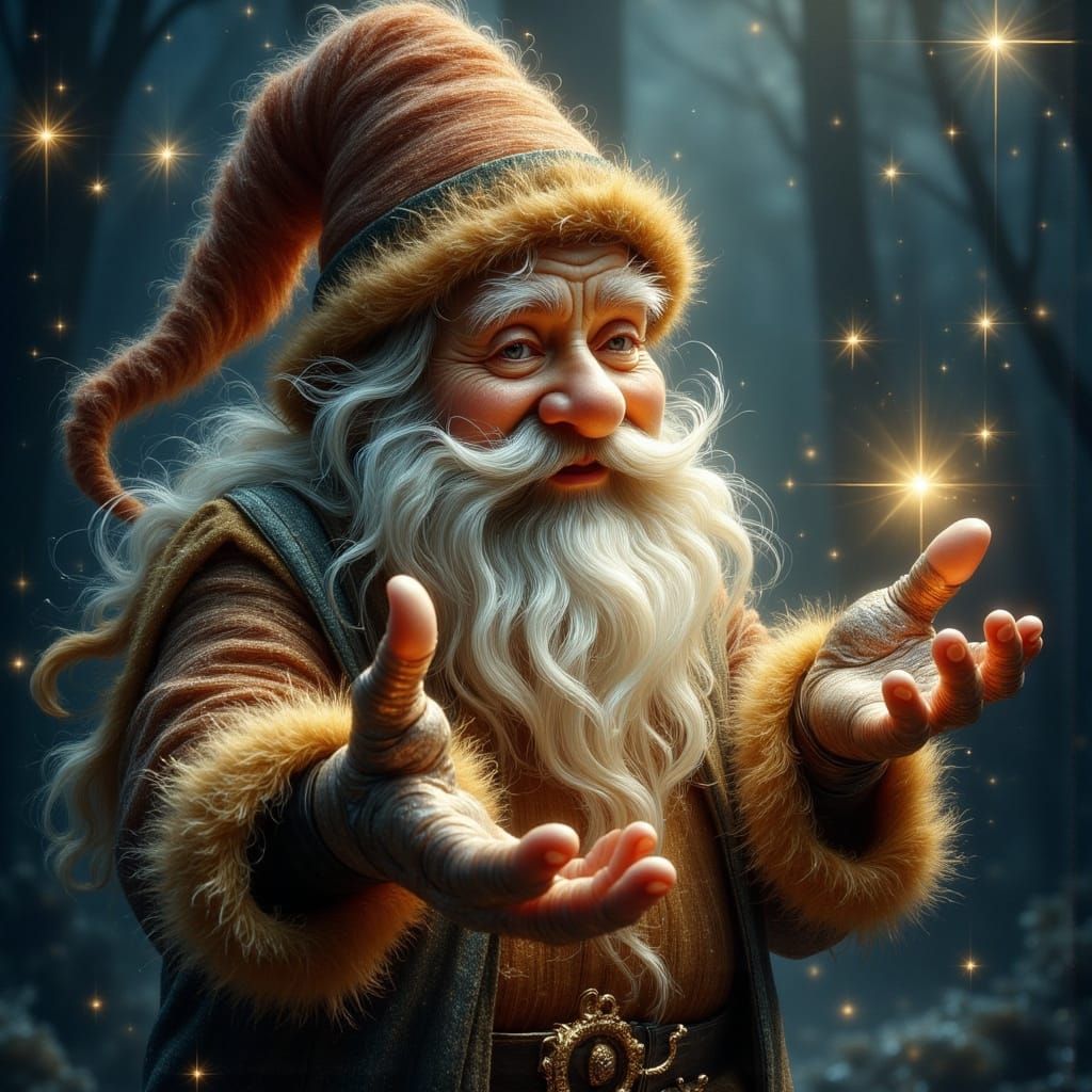 Gnome Reaches Out Under Starry Night Sky in Whimsical Fantas...