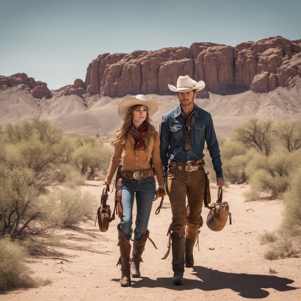 Cowboy and Cowgirl Rescue Quest in Desert Photo