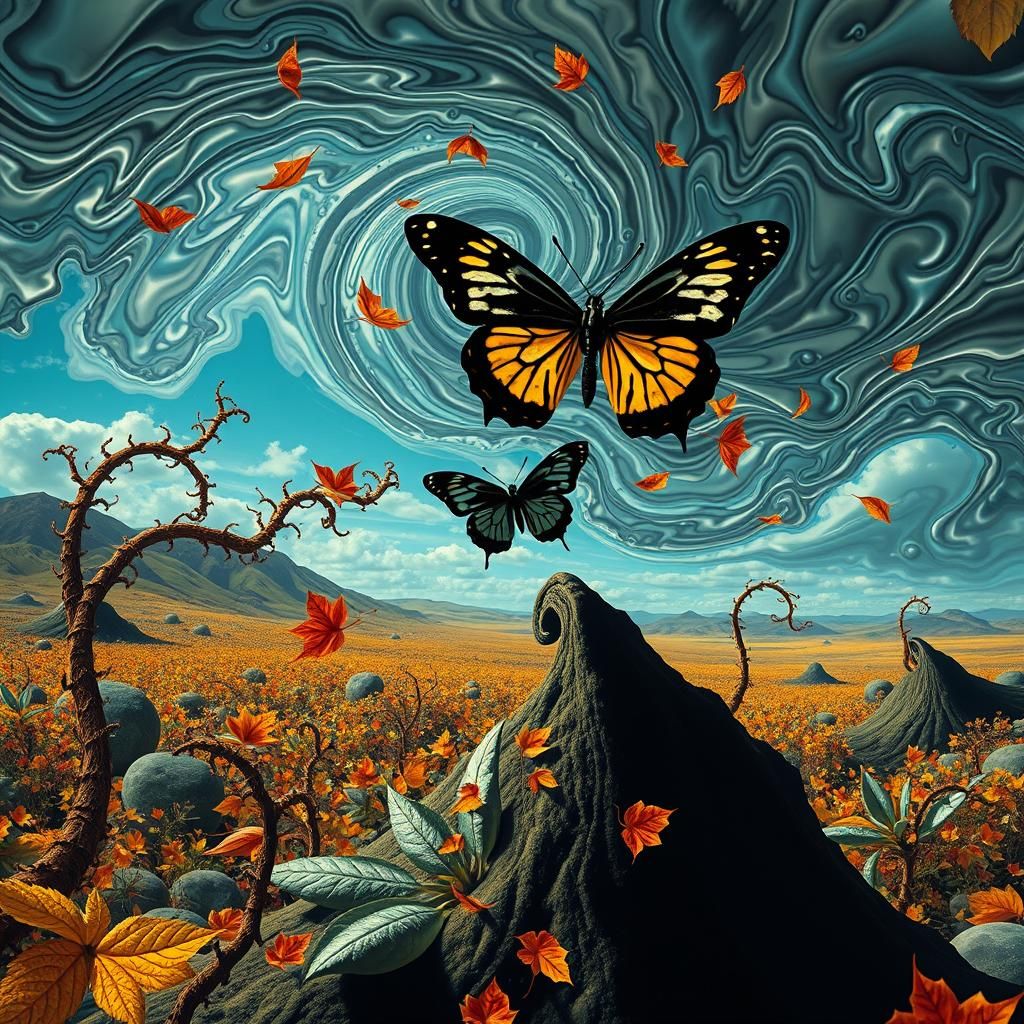 Surreal Landscape with Elastic Flora and Black Butterfly