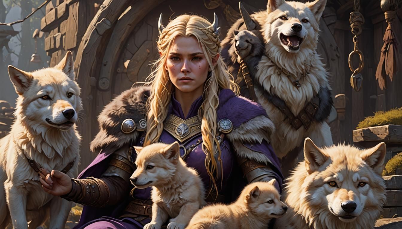 Viking Girl with Wolf Puppies: Dark Fantasy Art