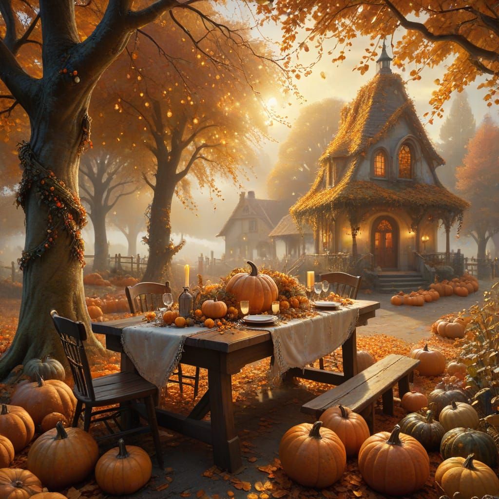 Enchanted Harvest Table in Autumn Glow Digital Painting