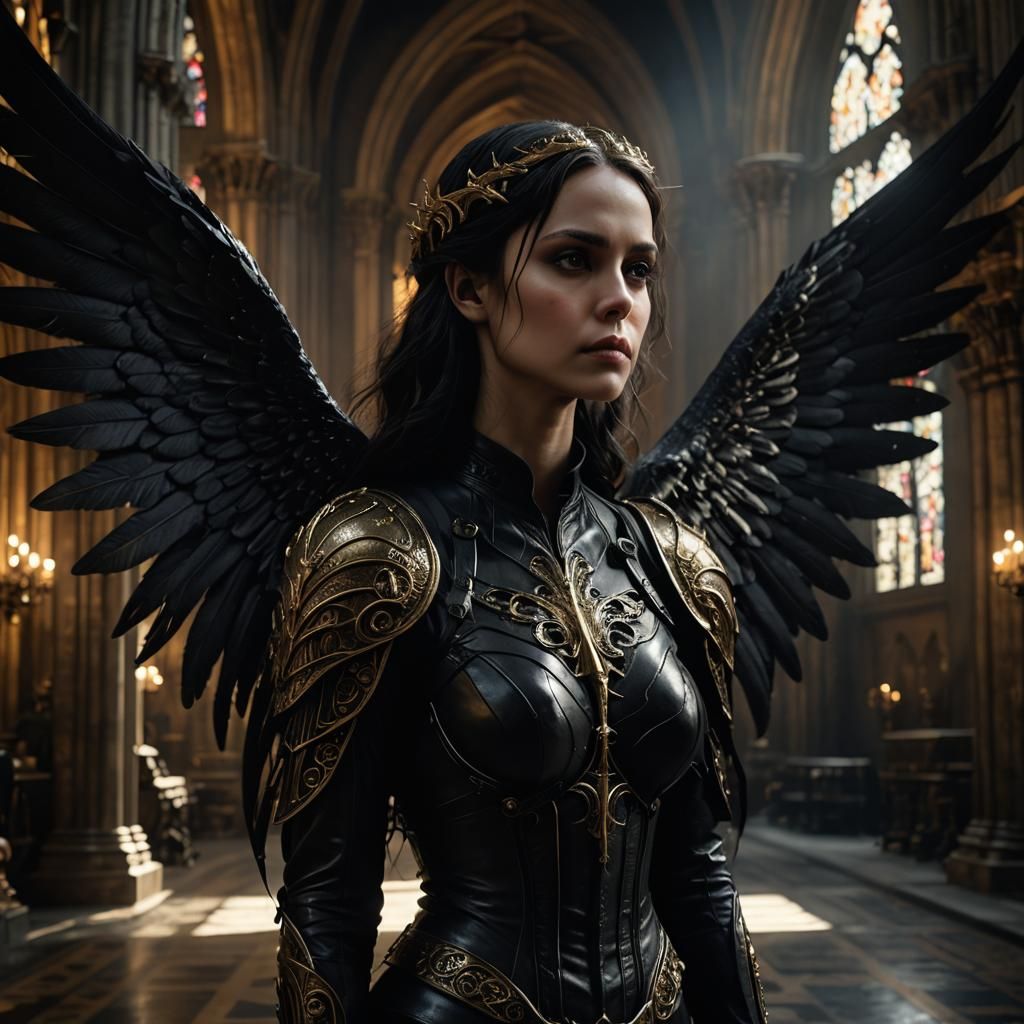 Gothic Angel in Cathedral with Dramatic Lighting