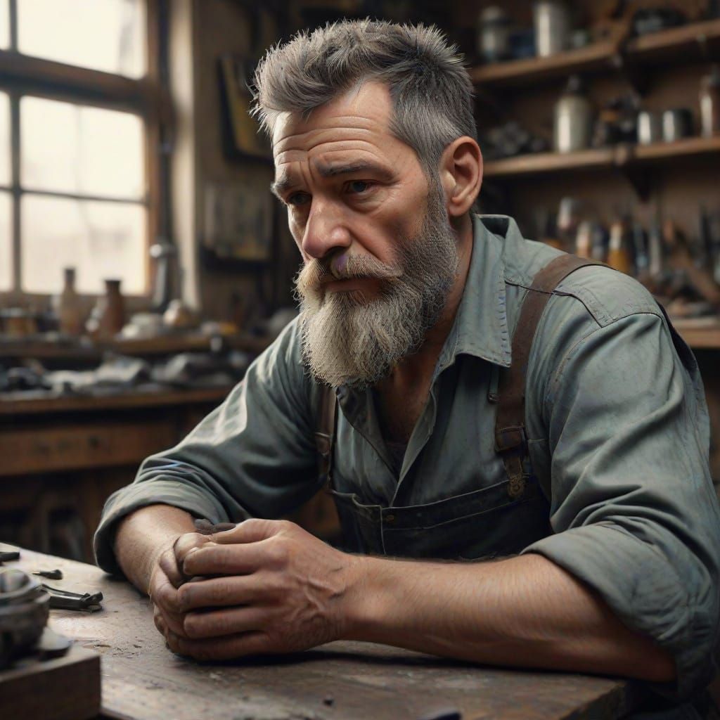 Old Mechanic in Workshop, Realistic Photo