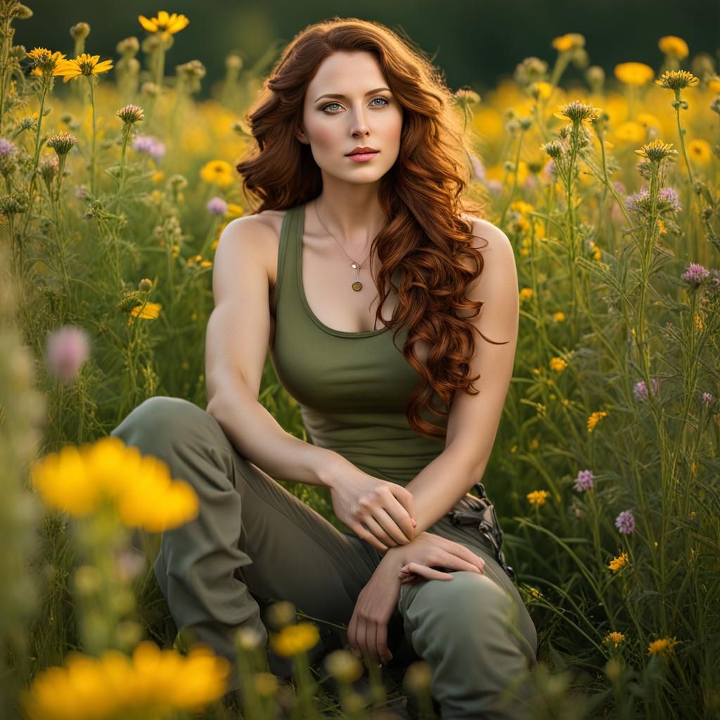 Woman with Auburn Hair in Wildflower Field